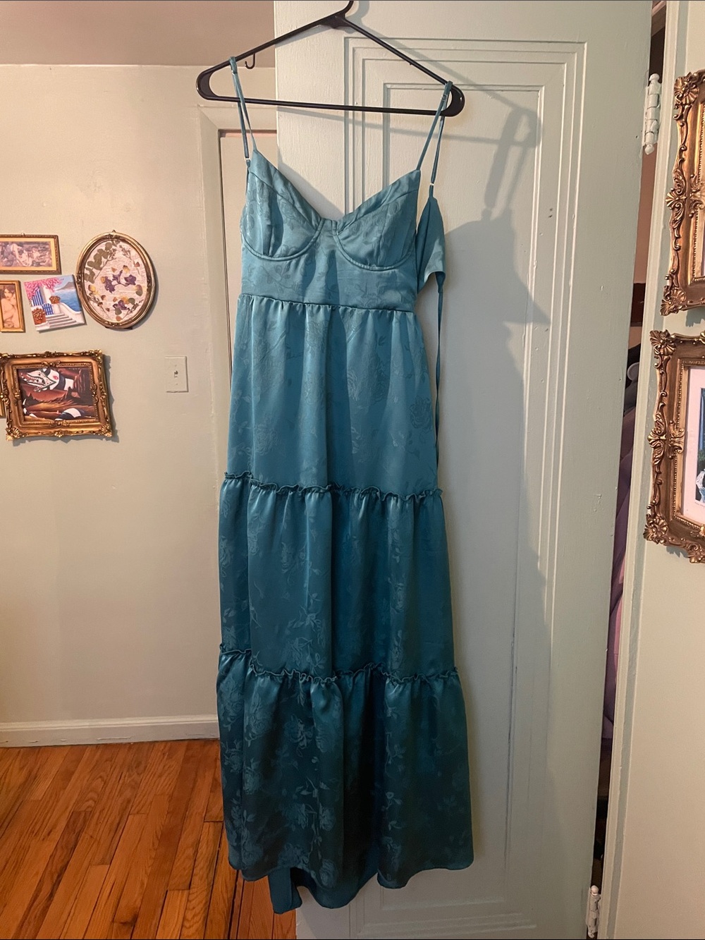 Altar'd State Teal Satin Slip Dress with Spaghetti Straps